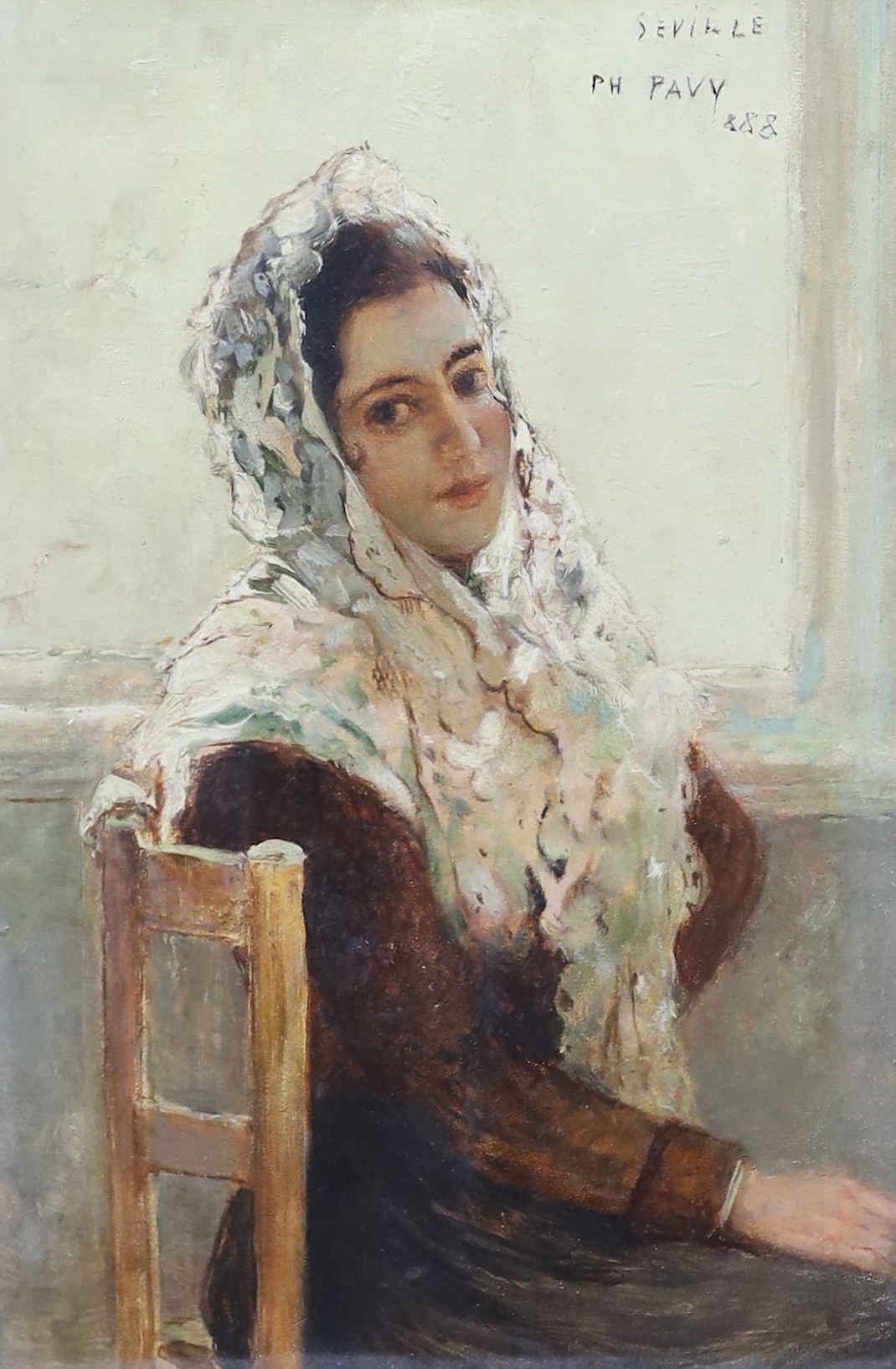 Philippe Pavy (French, 1860-c.1920), Portrait of a seated Spanish woman, oil on canvas, 26 x 17cm